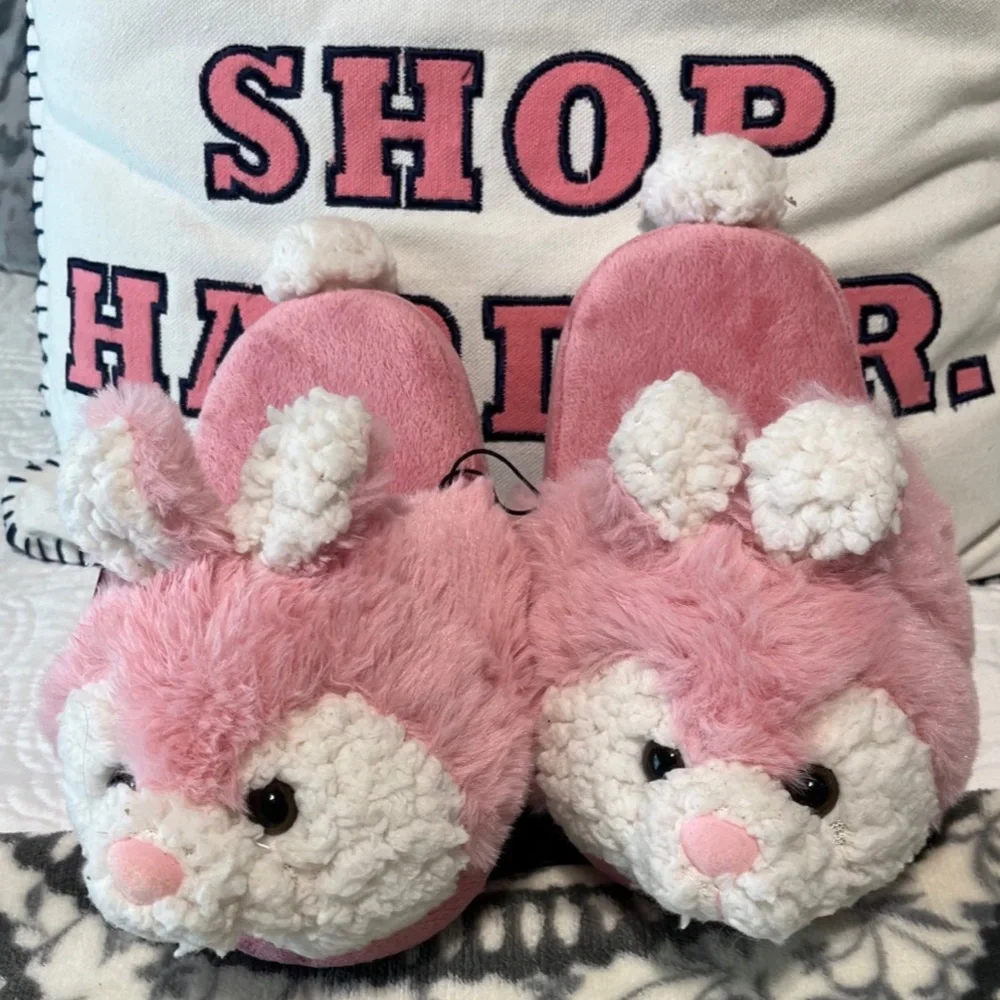 Pink Bunny Slippers Girls Plush House Shoes 11/12 New Comfy